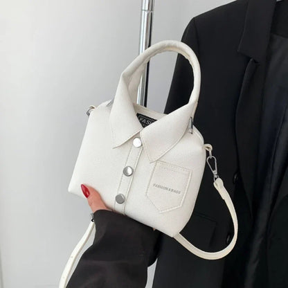 Vegan Leather Top Handle Bag – Collared Shirt Design — White, carried by top handles | BTendance