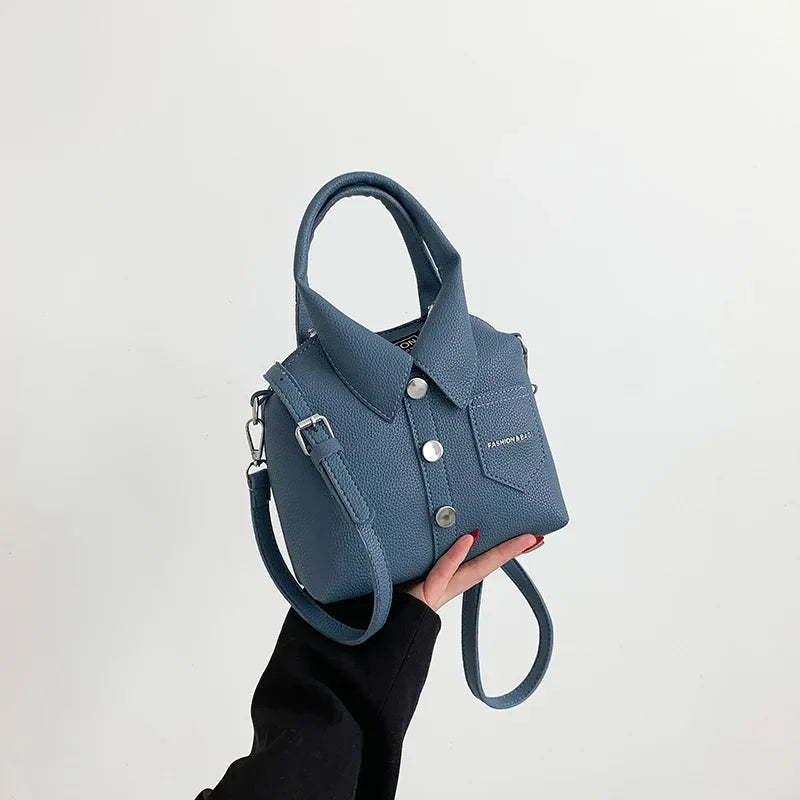 Vegan Leather Top Handle Bag – Collared Shirt Design — Blue, hand-held view | BTendance