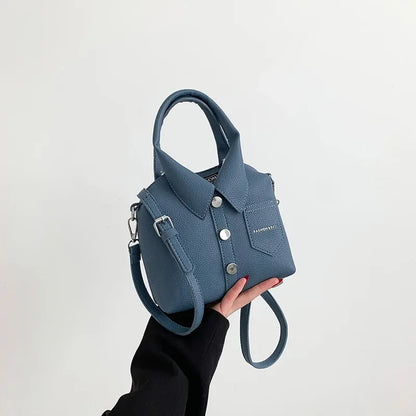 Vegan Leather Top Handle Bag – Collared Shirt Design — Blue, hand-held view | BTendance