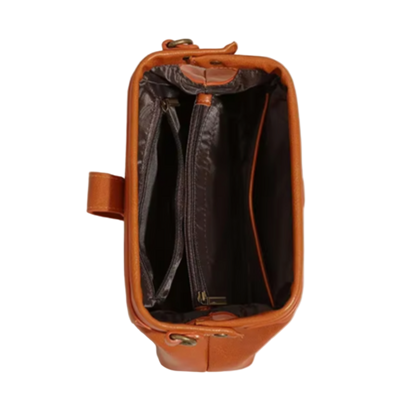 Vintage Crossbody Bag – Snap-Top Frame — Ginger Brown, open interior | BTendance