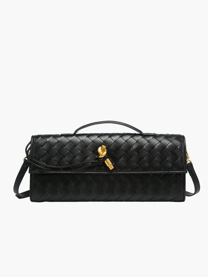 Woven Vegan Leather Baguette Bag – Bianca Gold-Tone Toggle — Black, front view | BTendance