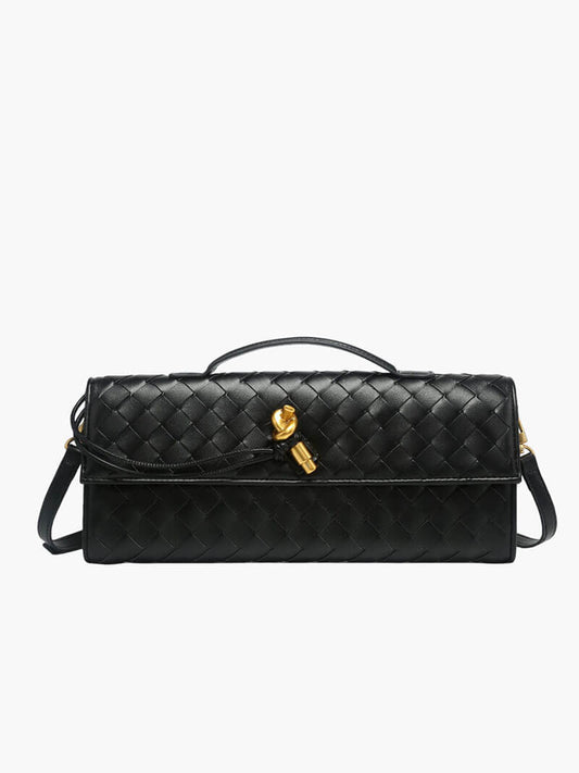 Woven Vegan Leather Baguette Bag – Bianca Gold-Tone Toggle — Black, front view | BTendance
