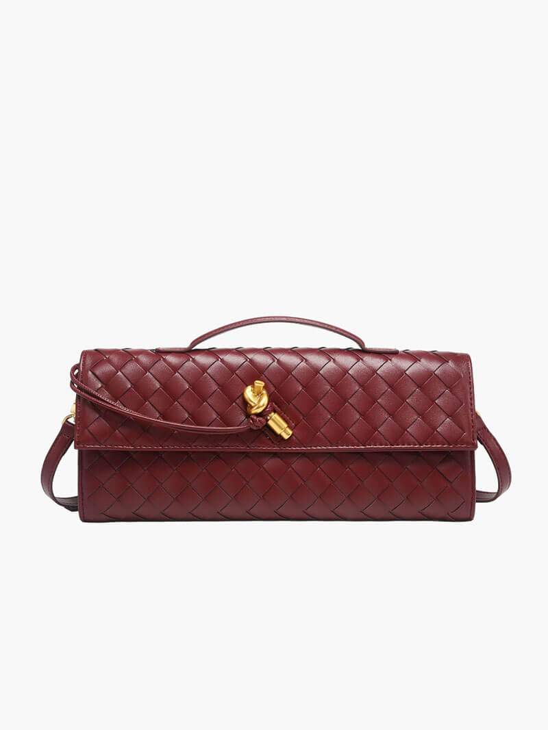 Woven Vegan Leather Baguette Bag – Bianca Gold-Tone Toggle — Wine Red, front view | BTendance