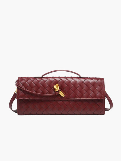Woven Vegan Leather Baguette Bag – Bianca Gold-Tone Toggle — Wine Red, front view | BTendance