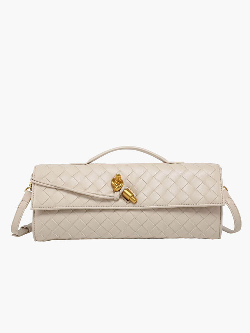 Woven Vegan Leather Baguette Bag – Bianca Gold-Tone Toggle — Creme, front view | BTendance