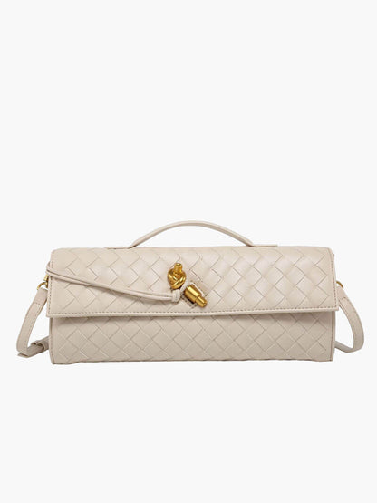 Woven Vegan Leather Baguette Bag – Bianca Gold-Tone Toggle — Creme, front view | BTendance