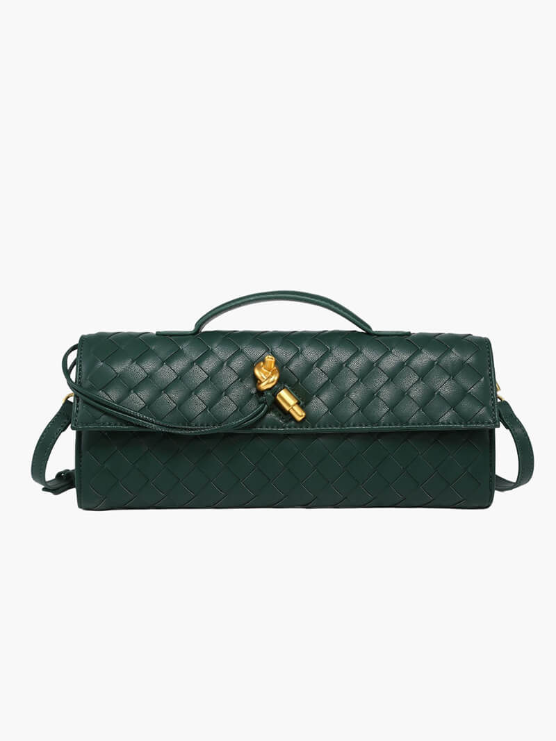 Woven Vegan Leather Baguette Bag – Bianca Gold-Tone Toggle — Dark Green, front view | BTendance