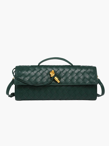 Woven Vegan Leather Baguette Bag – Bianca Gold-Tone Toggle — Dark Green, front view | BTendance