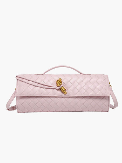 Woven Vegan Leather Baguette Bag – Bianca Gold-Tone Toggle — Pink, front view | BTendance