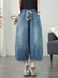 Women's Wide Leg Pants Blue Denim Casual Ankle Length