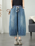 Women's Wide Leg Pants Blue Denim Casual Ankle Length