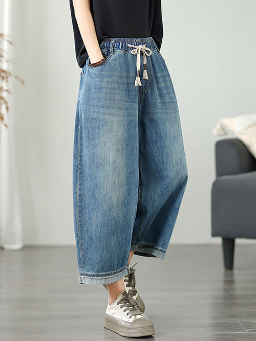 Women's Wide Leg Pants Blue Denim Casual Ankle Length