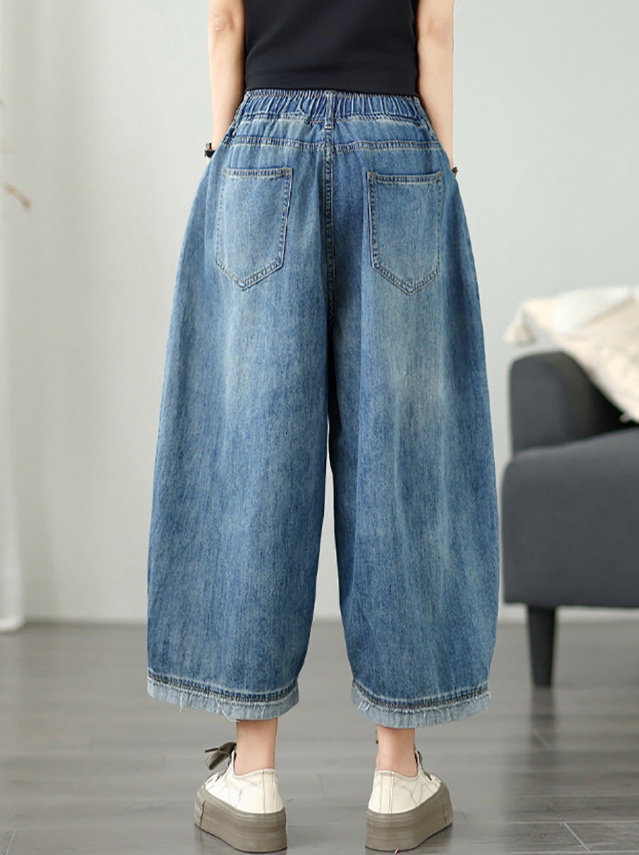 Women's Wide Leg Pants Blue Denim Casual Ankle Length