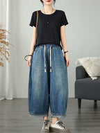 Women's Wide Leg Pants Blue Denim Casual Ankle Length