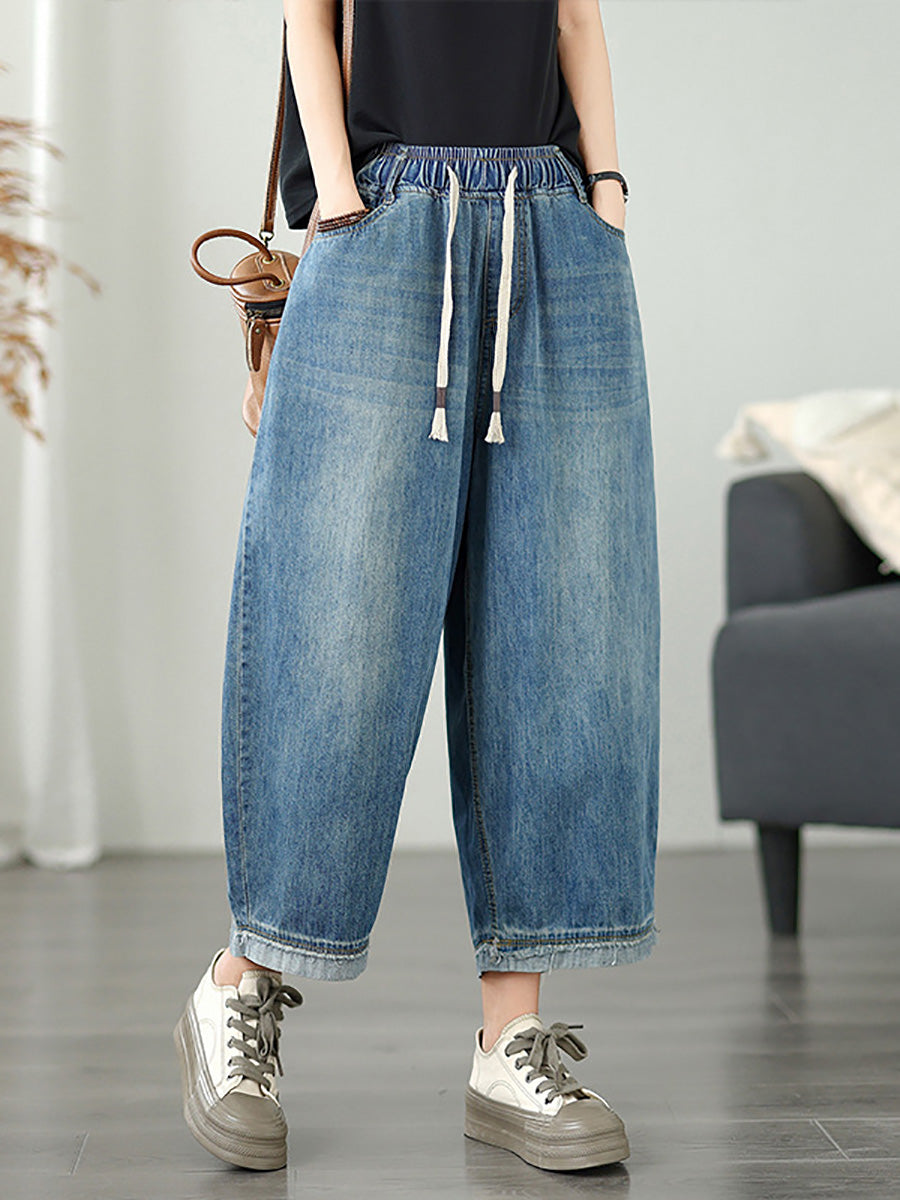 Women's Wide Leg Pants Blue Denim Casual Ankle Length