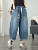Women's Wide Leg Pants Blue Denim Casual Ankle Length
