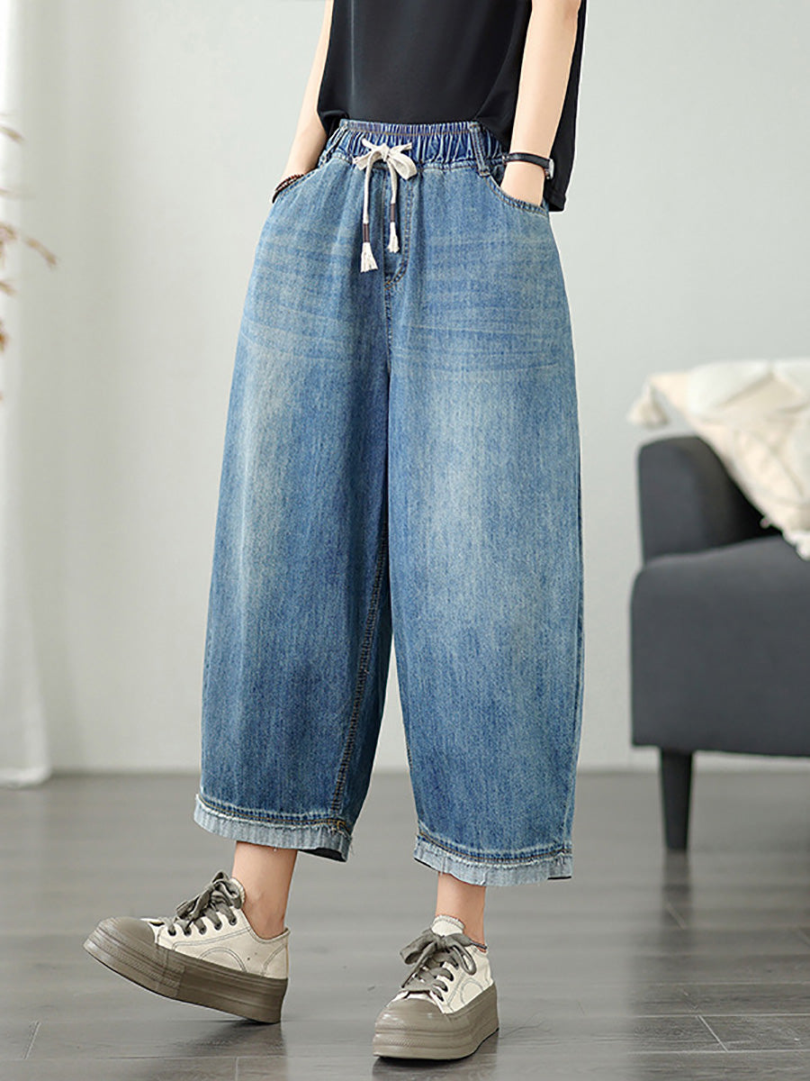Women's Wide Leg Pants Blue Denim Casual Ankle Length