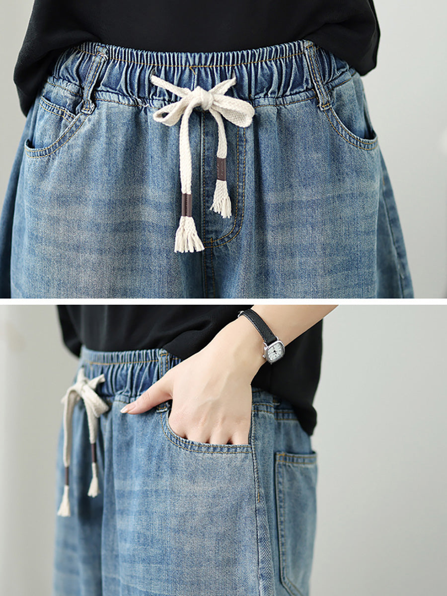 Women's Wide Leg Pants Blue Denim Casual Ankle Length