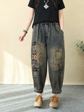 Women's Harem Pants Blue Denim Flower Embroidery Ankle Length