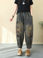 Women's Harem Pants Blue Denim Flower Embroidery Ankle Length