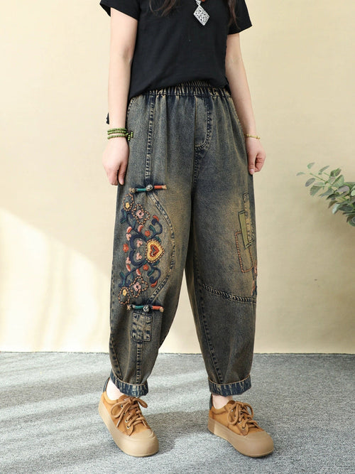 Women's Harem Pants Blue Denim Flower Embroidery Ankle Length