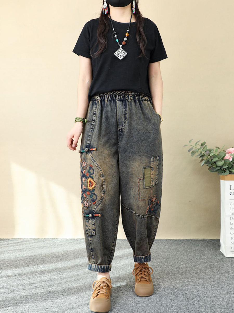 Women's Harem Pants Blue Denim Flower Embroidery Ankle Length