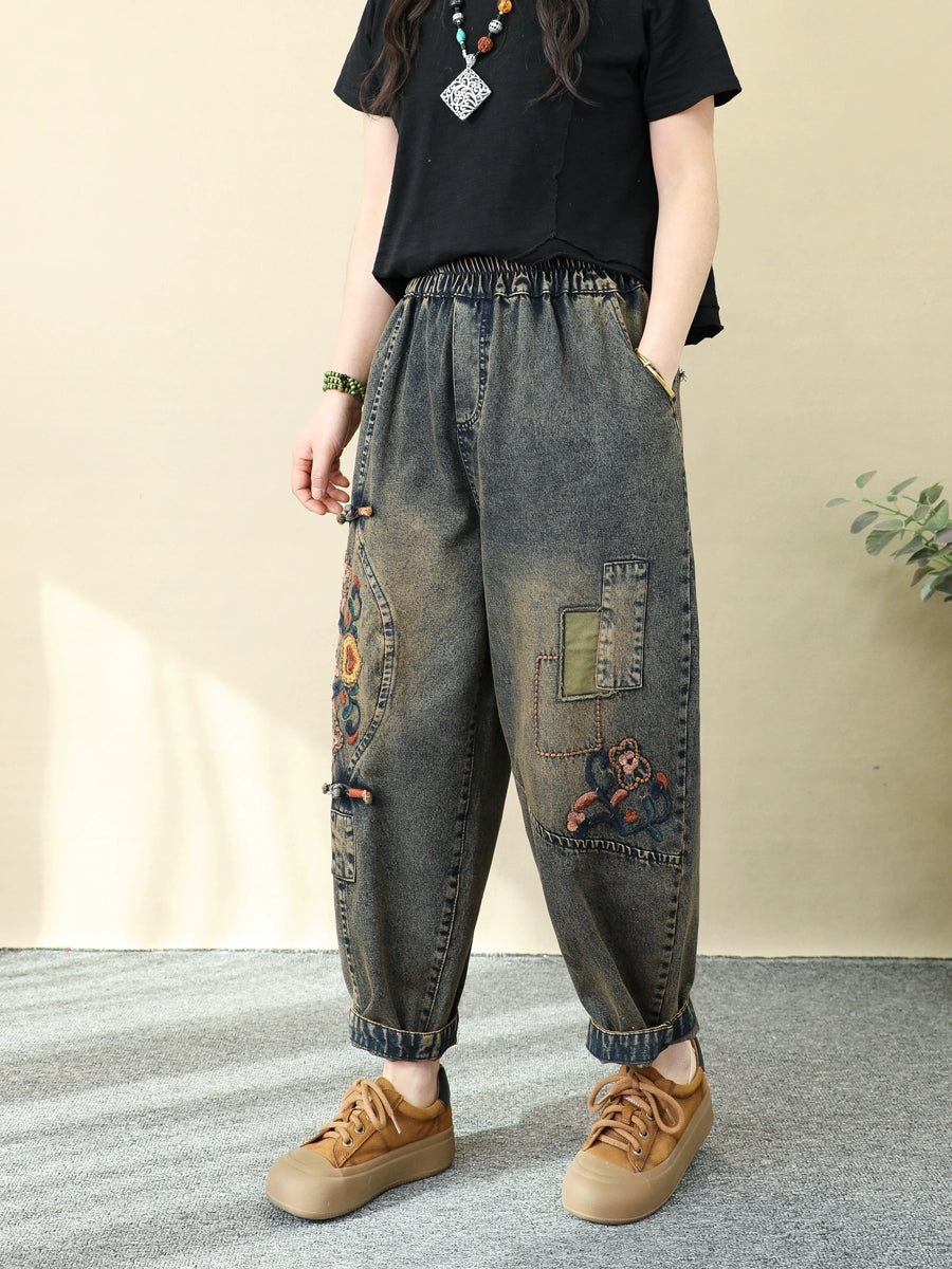 Women's Harem Pants Blue Denim Flower Embroidery Ankle Length