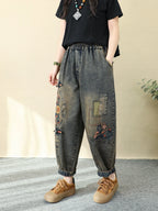 Women's Harem Pants Blue Denim Flower Embroidery Ankle Length