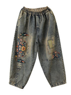 Women's Harem Pants Blue Denim Flower Embroidery Ankle Length