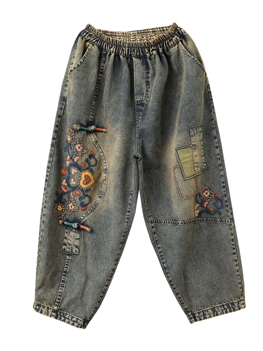 Women's Harem Pants Blue Denim Flower Embroidery Ankle Length