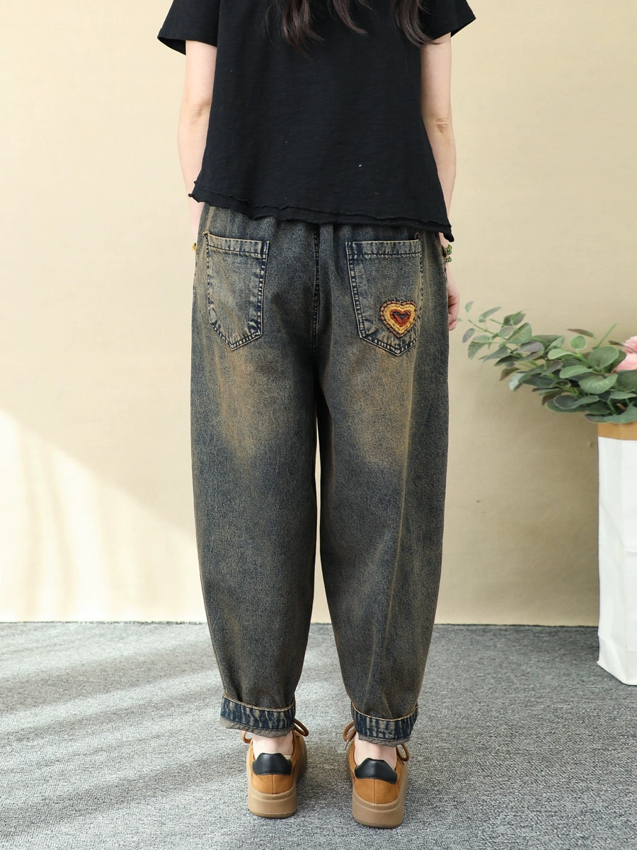 Women's Harem Pants Blue Denim Flower Embroidery Ankle Length