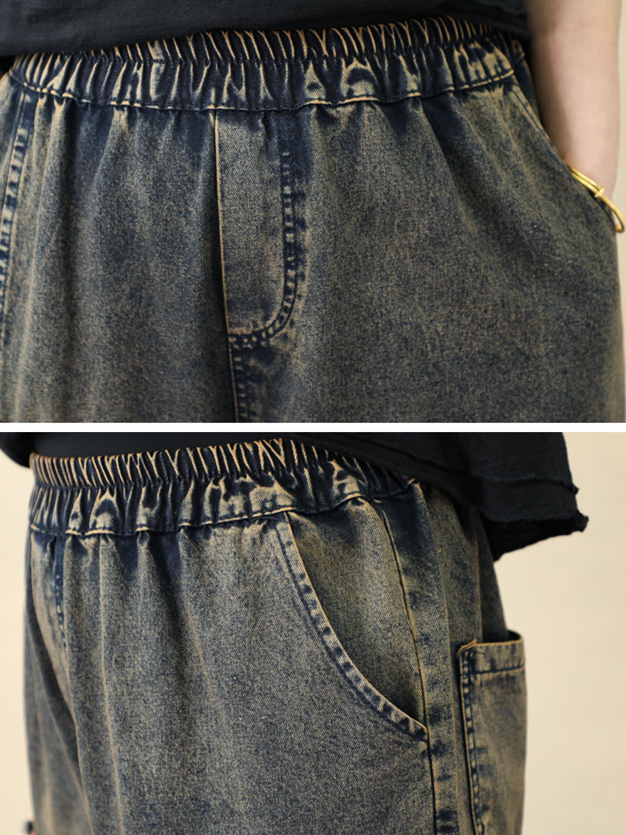 Women's Harem Pants Blue Denim Flower Embroidery Ankle Length