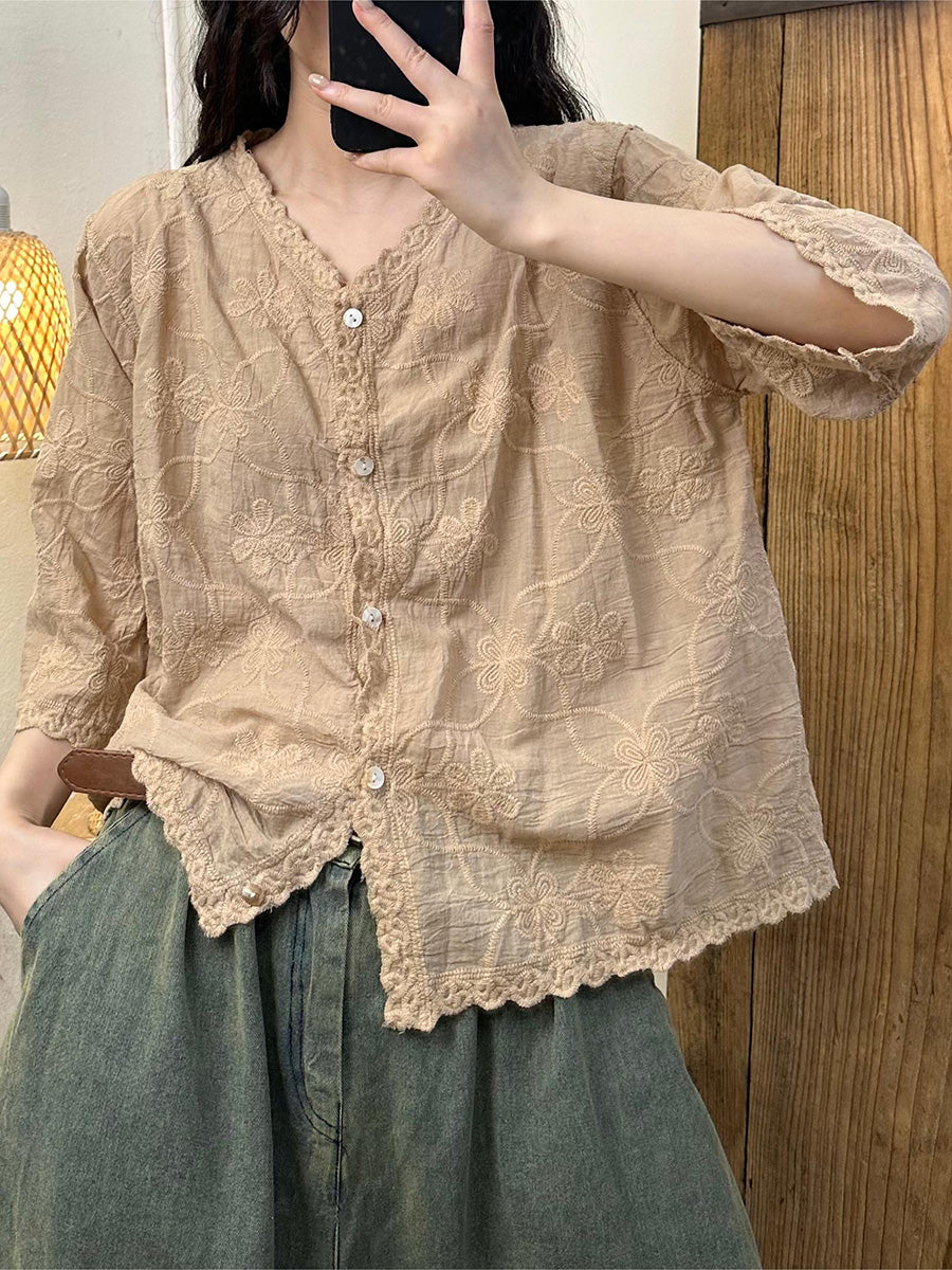 Women's Shirt - Vintage Flower Embroidery, V-Neck, Full Sleeves - Brand Name - 4