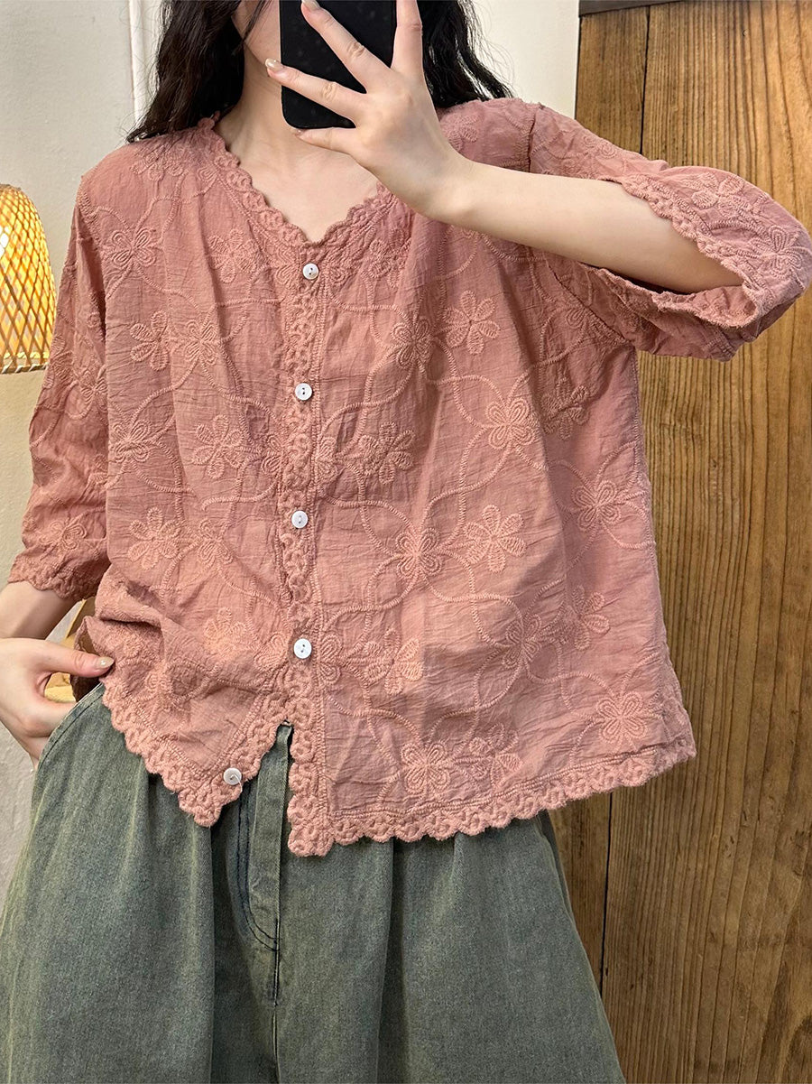 Women's Shirt - Vintage Flower Embroidery, V-Neck, Full Sleeves - Brand Name - 5