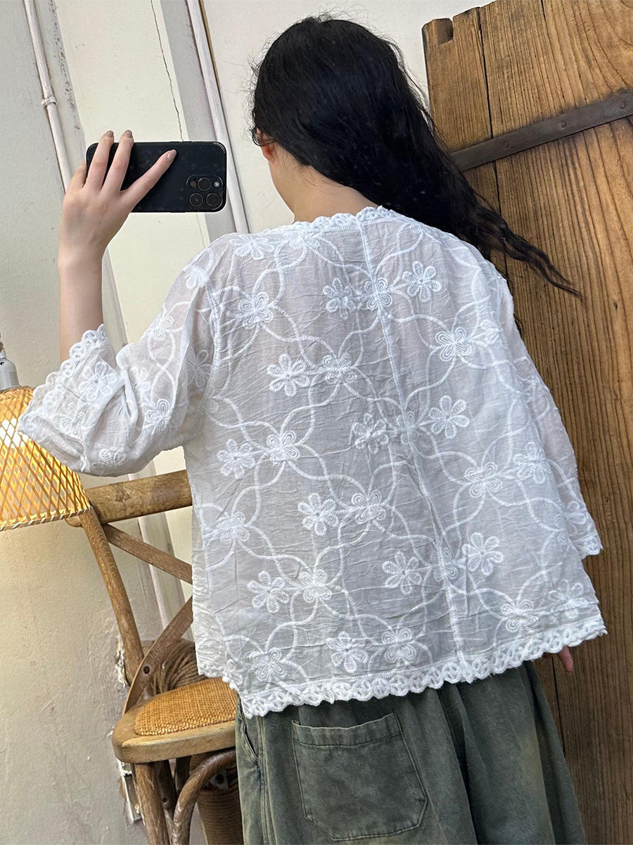 Women's Shirt - Vintage Flower Embroidery, V-Neck, Full Sleeves - Brand Name - 7