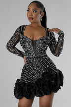 Women's Bodycon Mini Dress Black Mesh Polyester with Crystal Embellishments 2
