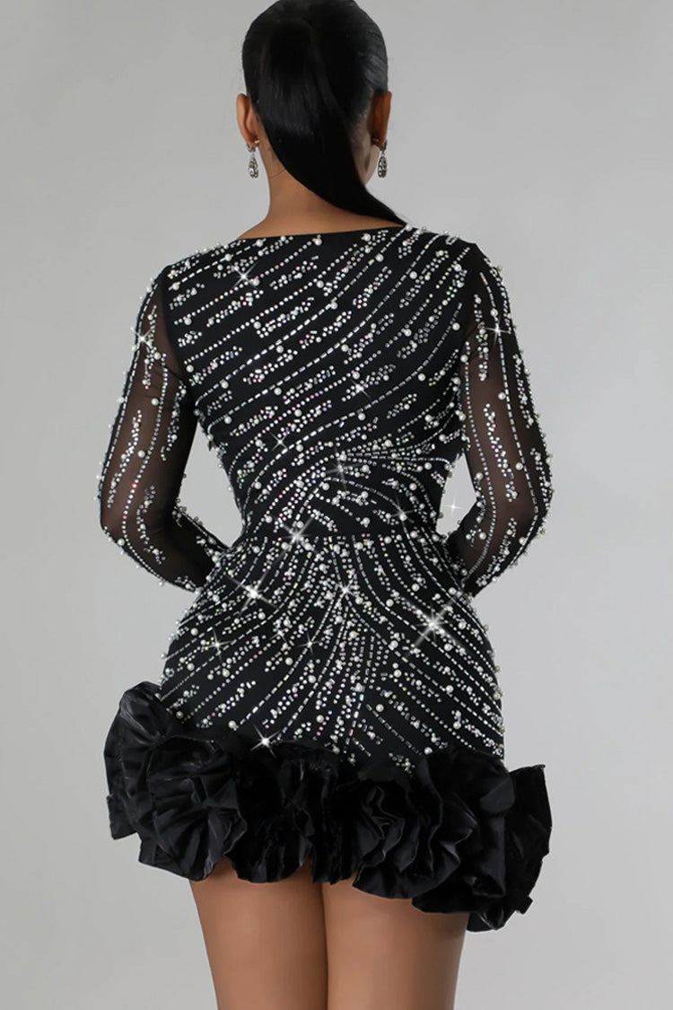 Women's Bodycon Mini Dress Black Mesh Polyester with Crystal Embellishments 3