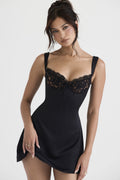 Women's Mini Dress Black Satin Lace Trim 0