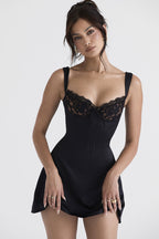 Women's Mini Dress Black Satin Lace Trim 1
