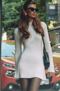 Women's Sweater Dress White Acrylic Cotton Mock Neck Long Sleeve Mini 0