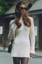 Women's Sweater Dress White Acrylic Cotton Mock Neck Long Sleeve Mini 1