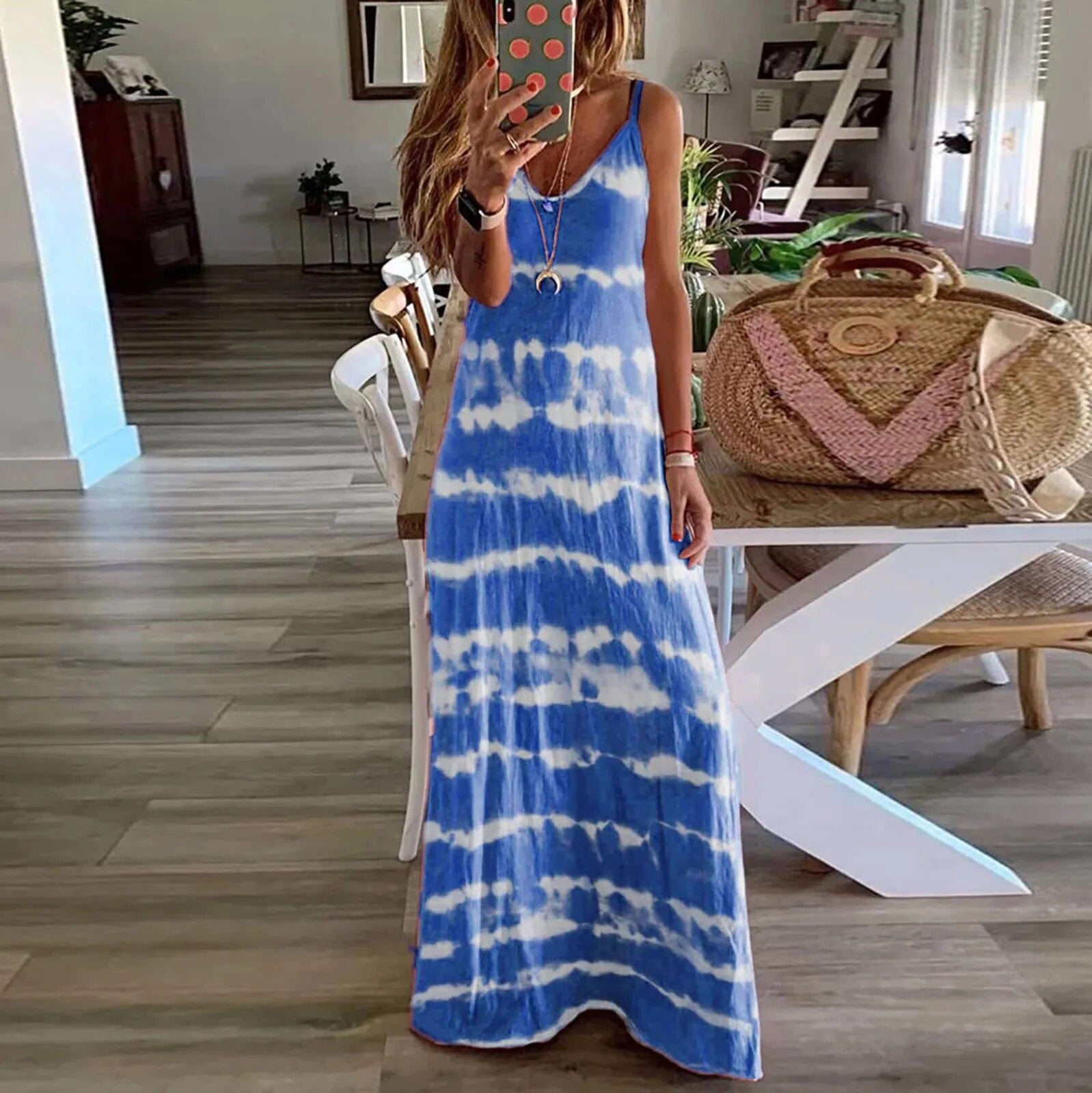 Women's Maxi Dress Sky Blue Size S-5XL Cotton Blend-1