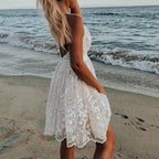 Sleeveless White Lace Mini Dress for Women – Boho Chic Summer Dress with V Neck and Empire Waist