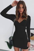 Women's Bodycon Dress Black Long Sleeve V Neck-1