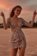 Women's Mini Dress Gold Mesh Long Sleeve Plunging Neckline-1