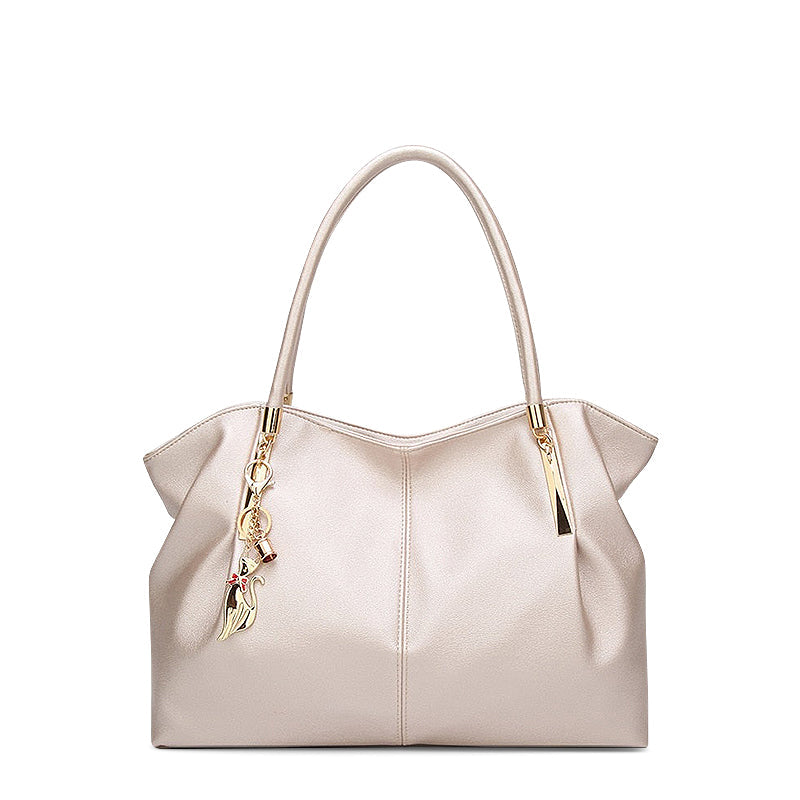 Vegan Leather Shoulder Handbag – Alicia Twin Handles — Beige, front view | BTendance