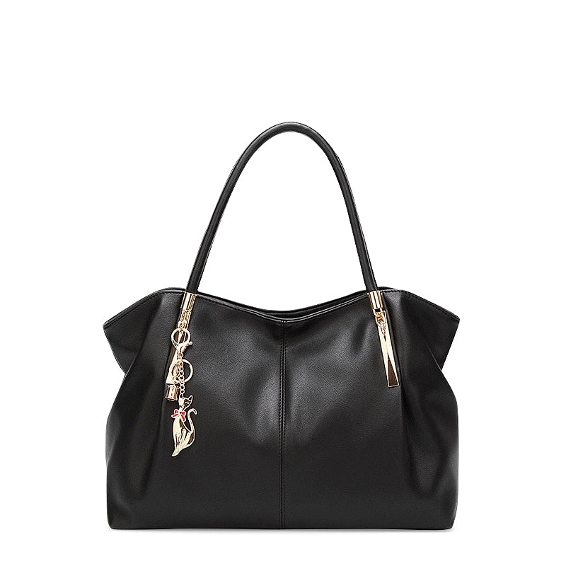 Vegan Leather Shoulder Handbag – Alicia Twin Handles — Black, front view | BTendance