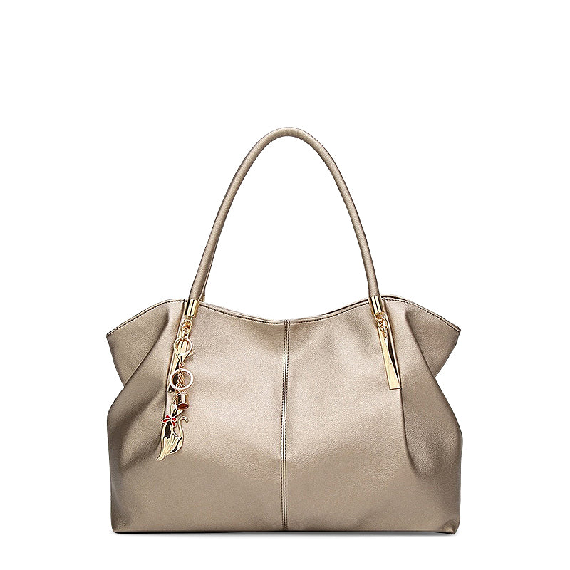 Vegan Leather Shoulder Handbag – Alicia Twin Handles — Gold, front view | BTendance