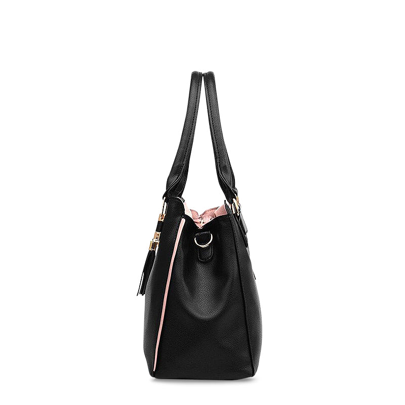 Vegan Leather Shoulder Bag – Havana Three Compartments — Black, side view | BTendance