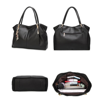 Vegan Leather Shoulder Handbag – Alicia Twin Handles — Black, front, back, base and interior views | BTendance
